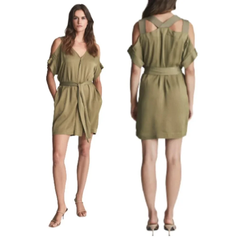 New! Reiss Ruby Cold Shoulder Mini Dress In Khaki green nwt 18417